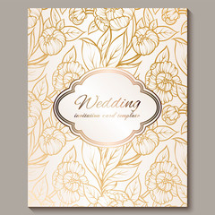 Exquisite royal luxury wedding invitation, gold on white background with frame and place for text, lacy foliage made of roses or peonies with golden shiny gradient.