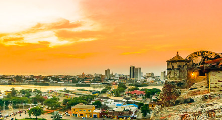 Sunset view over cityscape of Cartagena from fortress San Felipe - Colombia. View over cityscape of...