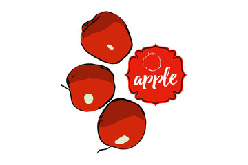 Three cartoon drawn red apples isolated on white with sticker. Red Label badge with hand drawn typography text apple and apple sketch silhouette.