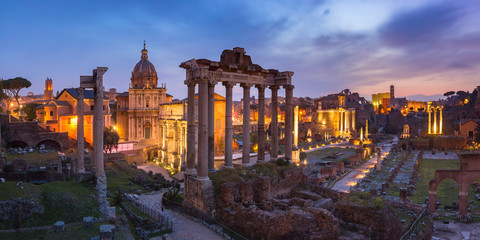 Ancient ruins of Roman Forum at sunrise, Rome, Italy