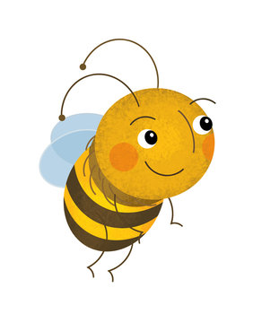 cartoon scene with happy flying and working bee on white background - illustration for children