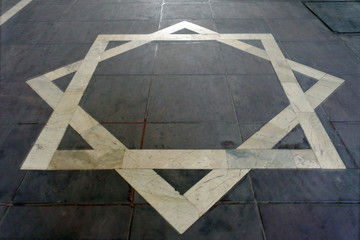 Stone floor with octagram.The Star of Lakshmi. Octagram of two squares. two overlapping squares.