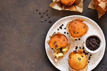 Vanilla muffins in paper form with chocolate drops on a concrete background. View from above.