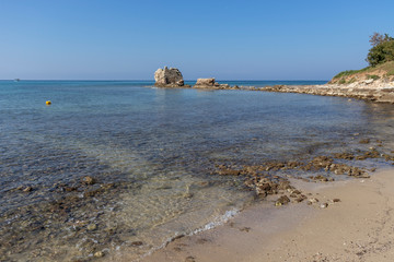 Ruins of ancient fortification at the sea in town of Nea Poteidaia, Kassandra, Chalkidiki, Central Macedonia, Greece