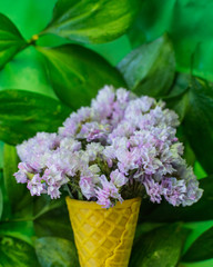 Waffle cone with violet flowers with leaves