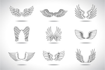 Obraz premium Wings Sketch Set Isolated On Gray Background. Collection Of Hand Drawn Angel Wings. Abstract Doodle Vector Illustration, Graphic Design. For Logo, Icon, Tattoo Templates, Emblem, Label And Art Design