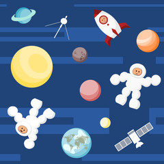 Deep space background template with astronauts, planets and rocket
