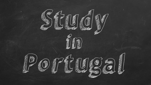Hand drawing "Study in Portugal" on black chalkboard. Stop motion animation.