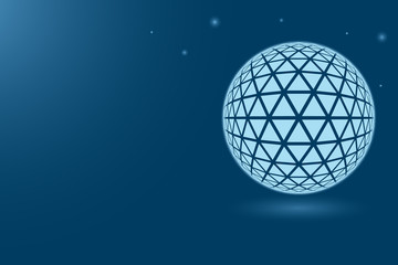 Tetrahedron of triangles on a blue background with stars. Glowing sphere from a polygon mesh. 3D. Vector illustration