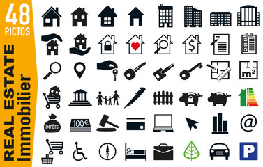 Ensemble de pictogrammes pour illustrer le thème du logement et de l’immobilier, regroupant sur une planche des icônes pour la publicité et le web.