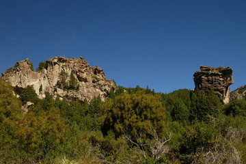 Rock formations on the banks of the Caleufu River near Lake Meliquina, Patagonia Argentina