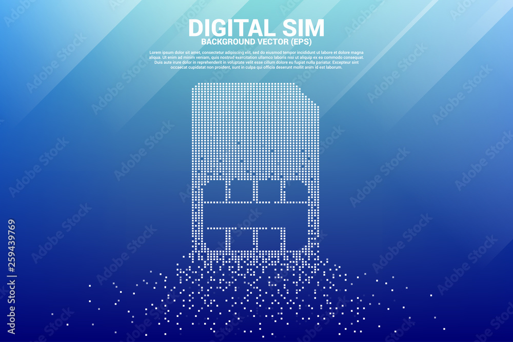 Poster sim card icon from small square pixel. Concept for mobile digital telecom technology and network.