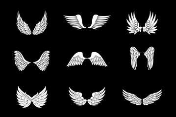 Wings Sketch Set Isolated On Black Background. Collection Of Hand Drawn Angel Wings. Abstract Doodle Vector Illustration, Graphic Design. For Logo, Icon, Tattoo Templates, Emblem, Label And Art Design