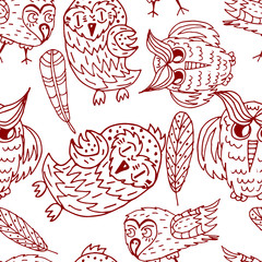 Owl vintage sketch pattern. Abstract white seamless texture. Print doodle illustration. Cartoon style. Beautiful isolated art. Fashion wedding wallpaper, invitation decor, greeting postcard. Vector