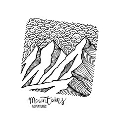 Hand drawn image of a mountain peak, engraving style, grunge textured