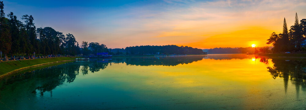 Sunrise over Xuan Huong Lake, Dalat, Vietnam. Panorama