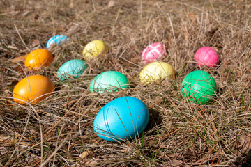 Fototapeta na wymiar Easter decorated eggs in a forest on spring grass