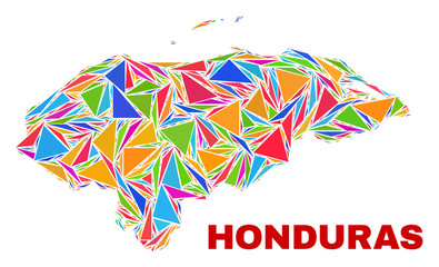 Obraz na płótnie Canvas Mosaic Honduras map of triangles in bright colors isolated on a white background. Triangular collage in shape of Honduras map. Abstract design for patriotic illustrations.