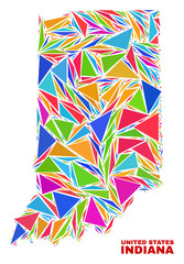 Mosaic Indiana State map of triangles in bright colors isolated on a white background. Triangular collage in shape of Indiana State map. Abstract design for patriotic decoration.