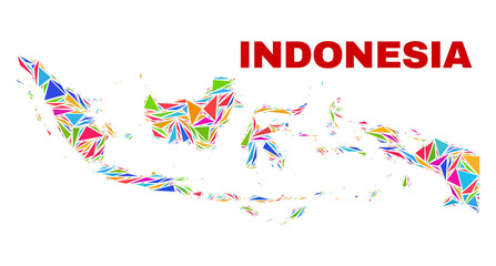 Mosaic Indonesia map of triangles in bright colors isolated on a white background. Triangular collage in shape of Indonesia map. Abstract design for patriotic decoration.
