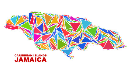 Mosaic Jamaica map of triangles in bright colors isolated on a white background. Triangular collage in shape of Jamaica map. Abstract design for patriotic purposes.