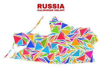 Mosaic Kalinigrad Region map of triangles in bright colors isolated on a white background. Triangular collage in shape of Kalinigrad Region map. Abstract design for patriotic illustrations.