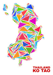 Mosaic Ko Tao map of triangles in bright colors isolated on a white background. Triangular collage in shape of Ko Tao map. Abstract design for patriotic decoration.