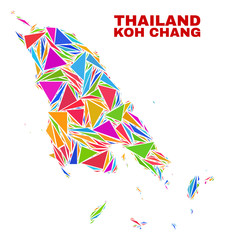 Mosaic Koh Chang map of triangles in bright colors isolated on a white background. Triangular collage in shape of Koh Chang map. Abstract design for patriotic purposes.