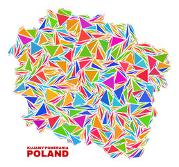 Mosaic Kujawy-Pomerania Province map of triangles in bright colors isolated on a white background. Triangular collage in shape of Kujawy-Pomerania Province map.