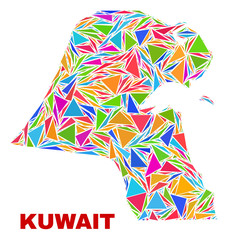 Mosaic Kuwait map of triangles in bright colors isolated on a white background. Triangular collage in shape of Kuwait map. Abstract design for patriotic illustrations.