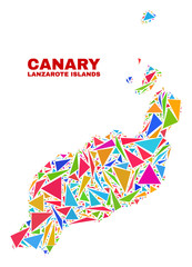 Fototapeta premium Mosaic Lanzarote Islands map of triangles in bright colors isolated on a white background. Triangular collage in shape of Lanzarote Islands map. Abstract design for patriotic purposes.