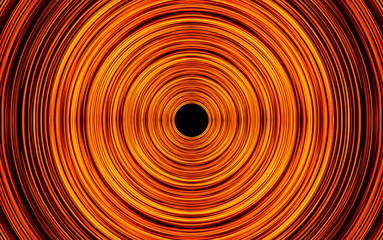 Long exposure motion glow. Orange neon light lines swirl. Round abstract circle shape.