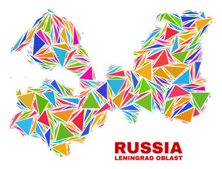 Mosaic Leningrad Region map of triangles in bright colors isolated on a white background. Triangular collage in shape of Leningrad Region map. Abstract design for patriotic illustrations.