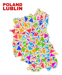 Mosaic Lublin Voivodeship map of triangles in bright colors isolated on a white background. Triangular collage in shape of Lublin Voivodeship map. Abstract design for patriotic illustrations.