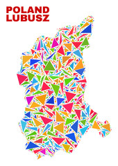 Mosaic Lubusz Voivodeship map of triangles in bright colors isolated on a white background. Triangular collage in shape of Lubusz Voivodeship map. Abstract design for patriotic purposes.