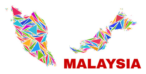Mosaic Malaysia map of triangles in bright colors isolated on a white background. Triangular collage in shape of Malaysia map. Abstract design for patriotic illustrations.