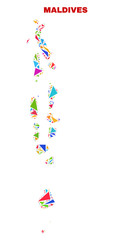 Mosaic Maldives map of triangles in bright colors isolated on a white background. Triangular collage in shape of Maldives map. Abstract design for patriotic illustrations.