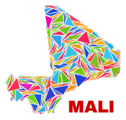 Mosaic Mali map of triangles in bright colors isolated on a white background. Triangular collage in shape of Mali map. Abstract design for patriotic illustrations.