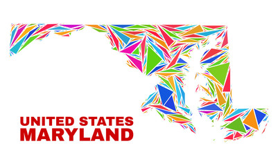 Mosaic Maryland State map of triangles in bright colors isolated on a white background. Triangular collage in shape of Maryland State map. Abstract design for patriotic illustrations.