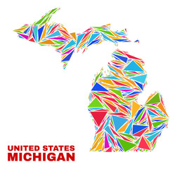 Obraz premium Mosaic Michigan State map of triangles in bright colors isolated on a white background. Triangular collage in shape of Michigan State map. Abstract design for patriotic purposes.