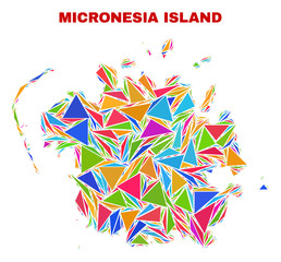 Mosaic Micronesia island map of triangles in bright colors isolated on a white background. Triangular collage in shape of Micronesia island map. Abstract design for patriotic illustrations.