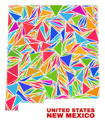 Mosaic New Mexico State map of triangles in bright colors isolated on a white background. Triangular collage in shape of New Mexico State map. Abstract design for patriotic purposes.
