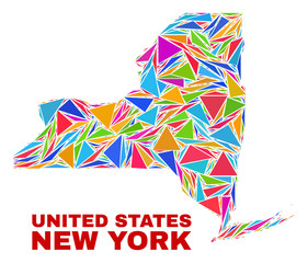 Mosaic New York State map of triangles in bright colors isolated on a white background. Triangular collage in shape of New York State map. Abstract design for patriotic illustrations.