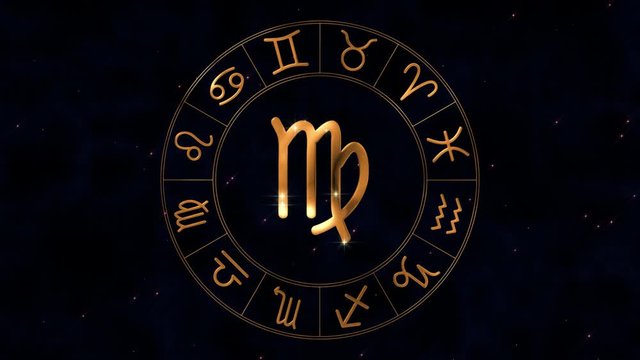 Golden zodiac horoscope spinnig wheel with Virgo (Maiden) sign in center