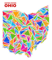 Mosaic Ohio State map of triangles in bright colors isolated on a white background. Triangular collage in shape of Ohio State map. Abstract design for patriotic purposes.