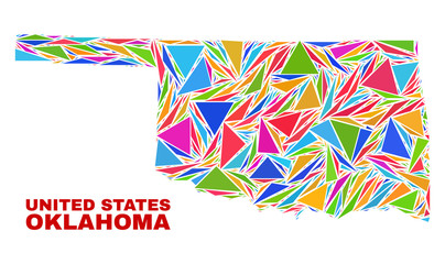 Mosaic Oklahoma State map of triangles in bright colors isolated on a white background. Triangular collage in shape of Oklahoma State map. Abstract design for patriotic illustrations.