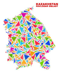 Mosaic Pavlodar Region map of triangles in bright colors isolated on a white background. Triangular collage in shape of Pavlodar Region map. Abstract design for patriotic purposes.