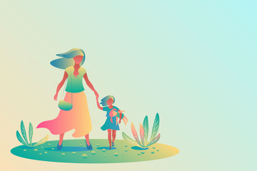 Young beautiful mother holds the hand of her little daughter for a walk. The baby carries a big doll. Template, flat design, colorful gradients, vector illustration
