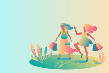 Two happy girlfriends with bright bags show off good shopping, meeting in the summer on a green meadow. Template, colorful gradient flat design, vector illustration