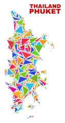 Mosaic Phuket map of triangles in bright colors isolated on a white background. Triangular collage in shape of Phuket map. Abstract design for patriotic purposes.